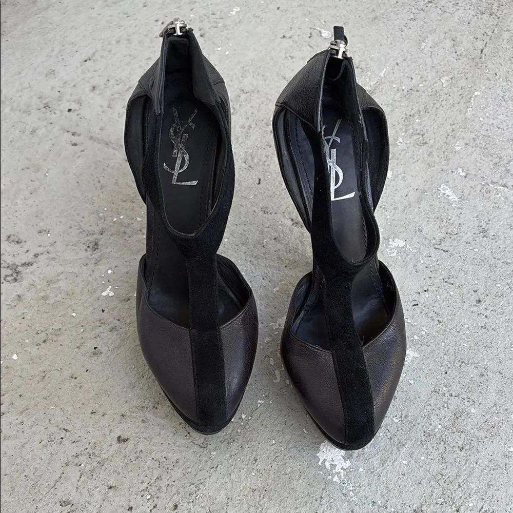 Yves Saint Laurent Women's Black Leather T Strap Heels
